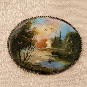 Antique Handpainted Mother of Pearl Brooch Exquisite